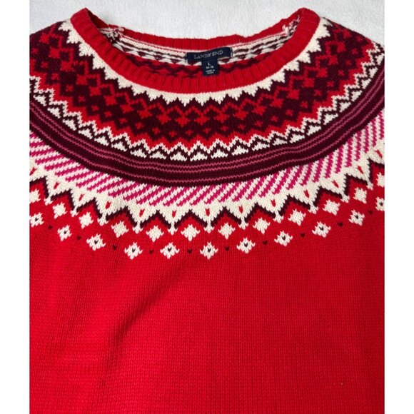 Lands End Womens Fair Isle Knit Sweater Red Nordic Pattern L 14-16 - Picture 7 of 9